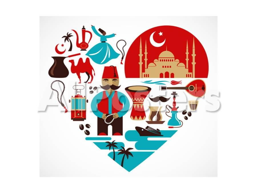 Heart-shaped collage of Turkish cultural symbols including mosque, dervish, camel, hookah, coffee, and traditional attire.