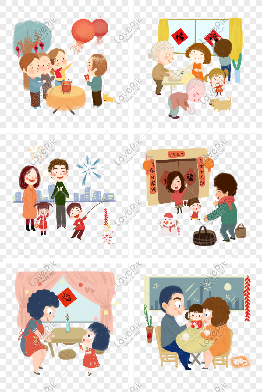 Six illustrated scenes of Chinese New Year celebrations: family reunions, red envelopes, fireworks, door decorations, and festive meals.