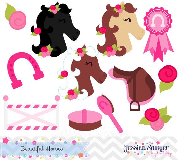 Cute pink-themed horse clipart set with floral crowns, horseshoes, saddles, and ribbons for crafting and design.
