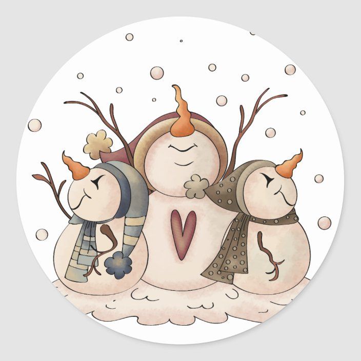 Three whimsical snowmen with carrot noses, scarves, and twig arms huddled together in falling snow, smiling peacefully.