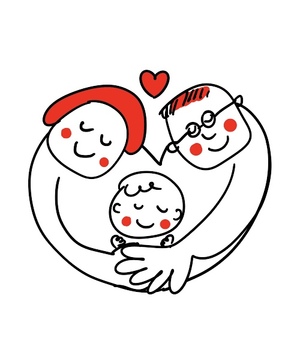 Smiling family of three-mother, father, and baby-embraced in a heart-shaped hug with a red heart above.