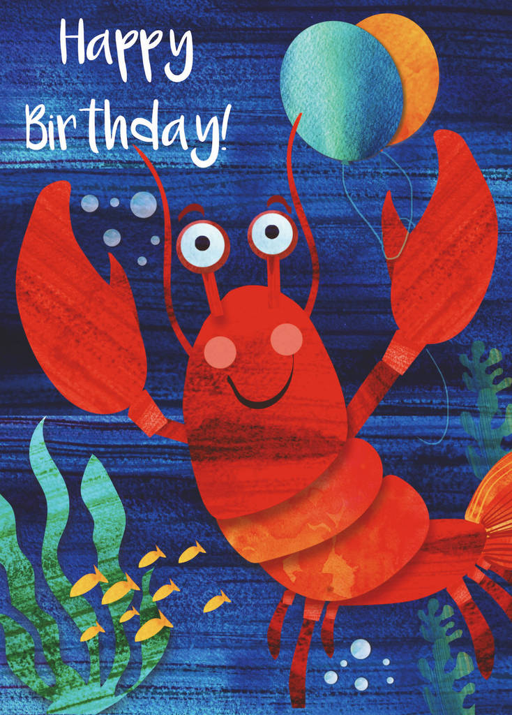 Cheerful red lobster holding balloons underwater with "Happy Birthday!" text.