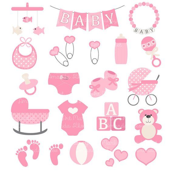 Pink baby shower clipart set with bibs, booties, stroller, blocks, teddy bear, and decorations.