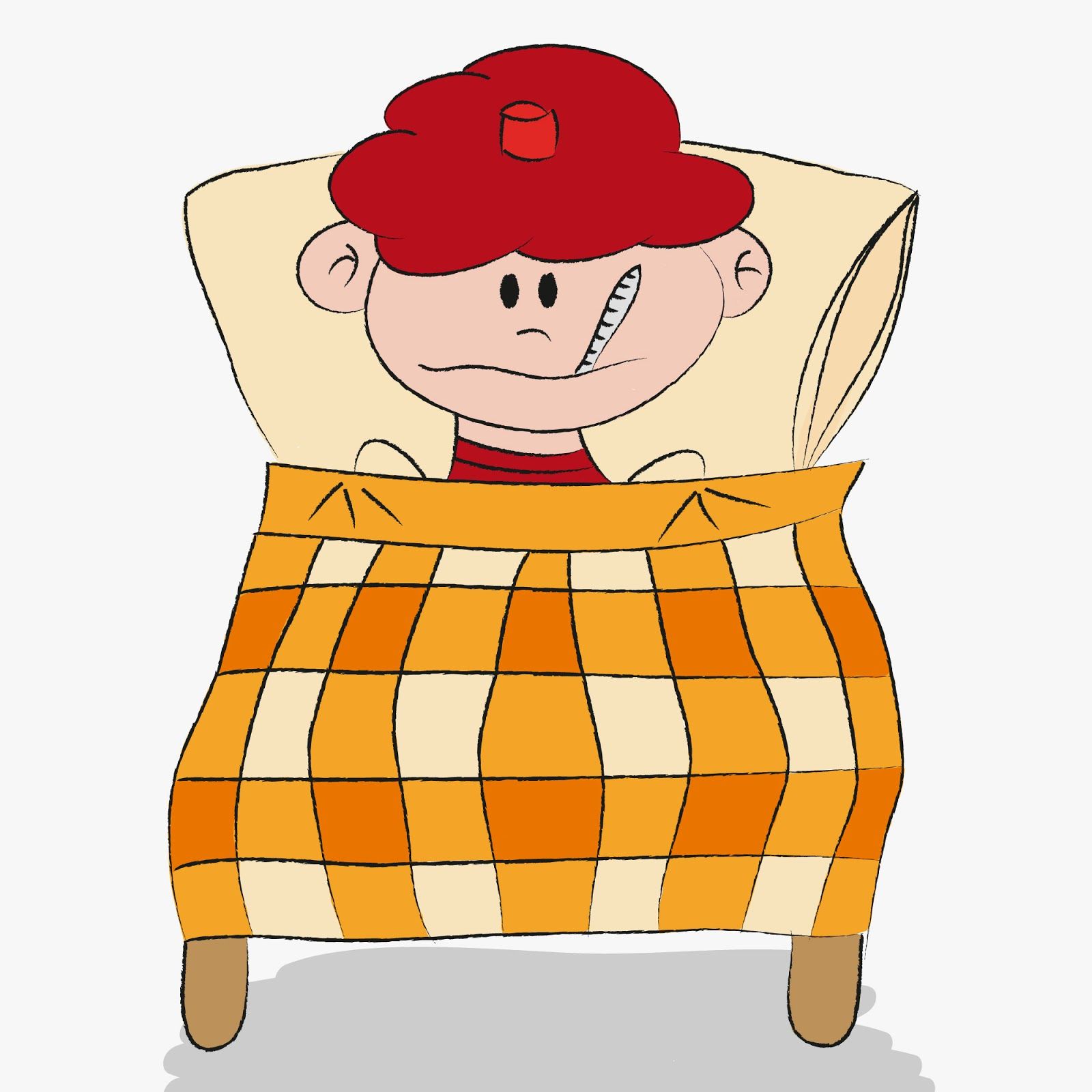 Sick cartoon boy with red hair, thermometer in mouth, under orange checkered blanket in bed.