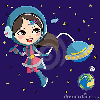 Space Adventure Cartoon Illustration - Girl Astronaut & UFO
