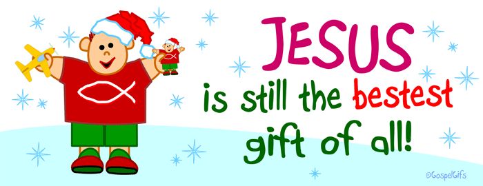Cheerful cartoon child in Santa hat wearing fish-symbol shirt, holding toy plane and small figure, with snowflakes and "Jesus is still the bestest gift of all!" text.