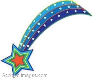 Colorful shooting star with rainbow trail and white stars, stylized vector illustration.