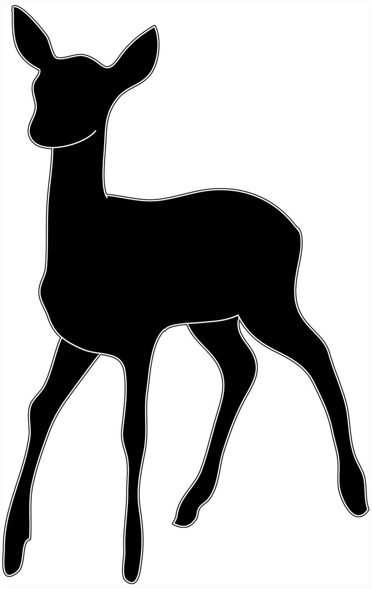 Black silhouette of a standing fawn with alert ears and slender legs on white background.