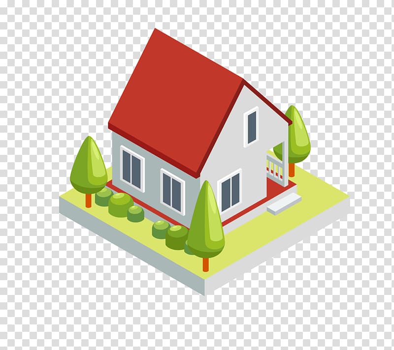 Isometric illustration of a white house with red roof, green trees, and front yard on a transparent background.