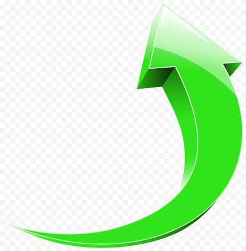 Glossy green upward-curving arrow symbolizing growth, progress, or positive direction on transparent background.