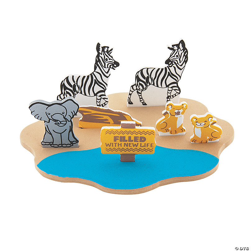 Wooden safari-themed playset with zebras, elephant, lion cubs, and "Filled with New Life" sign on a pond-and-land base.