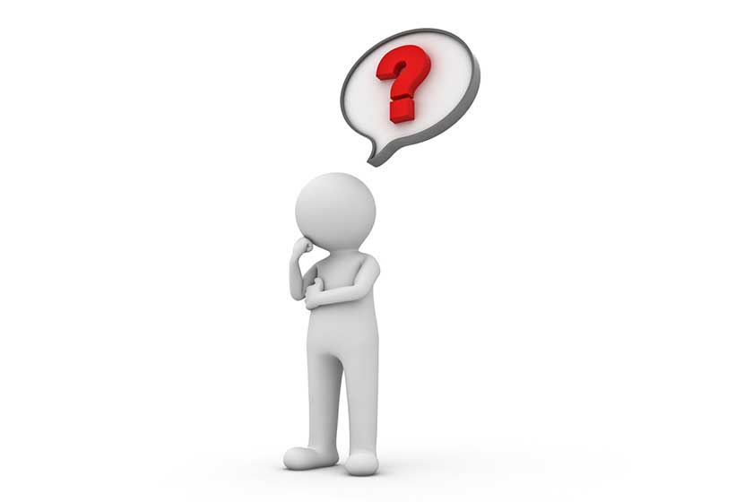 White 3D figure in thinking pose with red question mark in speech bubble above head.
