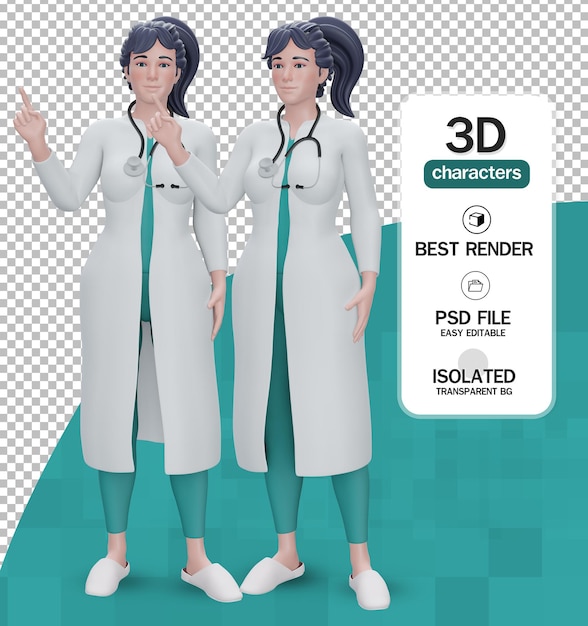 Two 3D-rendered female doctor characters in white lab coats with stethoscopes, isolated on transparent background.