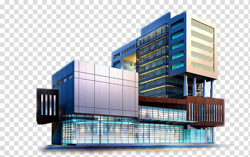 Modern multi-story office building with glass façade, blue and wood accents, and illuminated interior spaces.