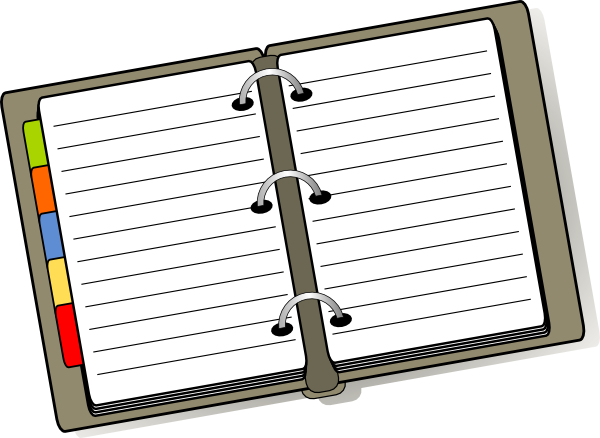 Open ring-binder notebook with lined pages and colorful tab dividers on the left side.