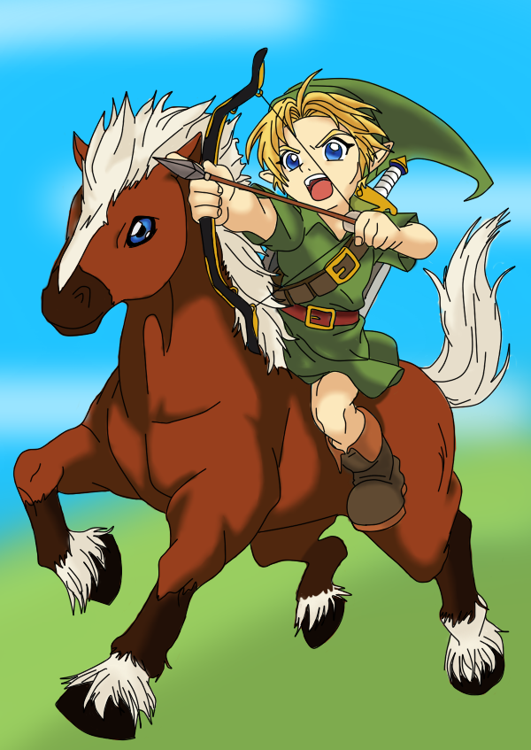 Link from The Legend of Zelda riding a brown horse with white mane, aiming a bow and arrow against a blue sky.