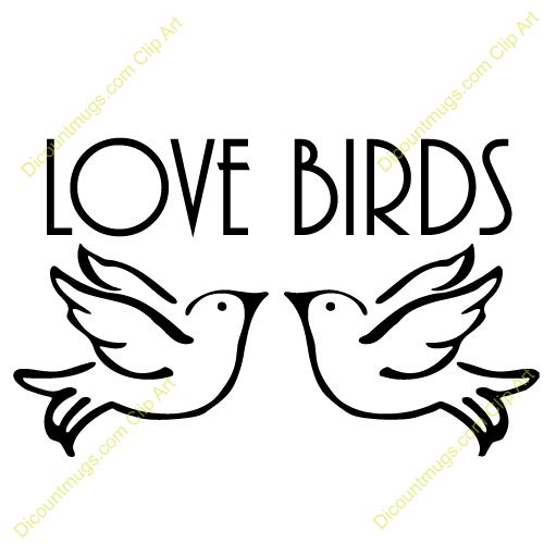 Two stylized lovebirds facing each other beneath the text "LOVE BIRDS" in bold black outline on white background.
