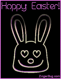 Neon-style Easter bunny with heart-shaped eyes and a smile on black background, framed in pink.