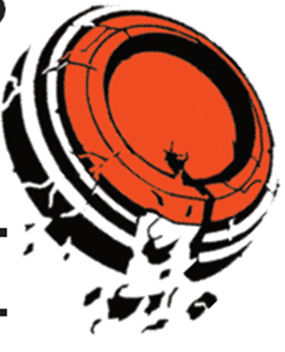 Abstract circular logo with vibrant orange center, black and white concentric rings, and dynamic cracked texture suggesting energy or impact.