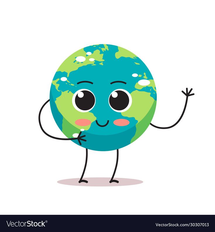 Cute cartoon Earth character with arms, legs, and a friendly smile waving hello.