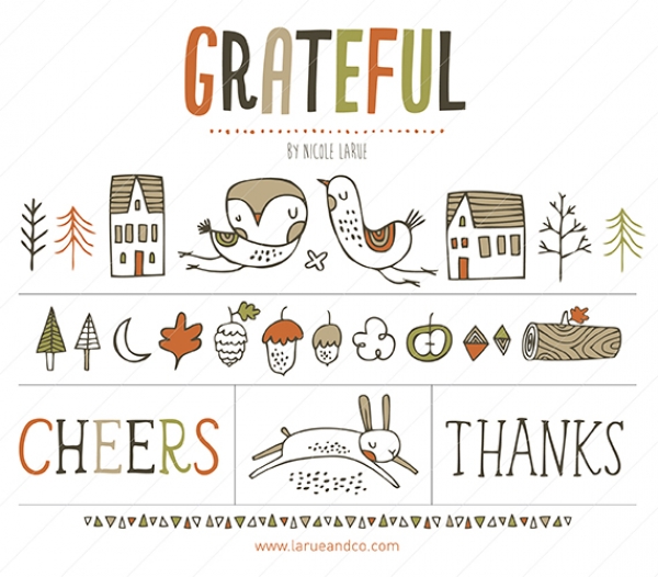 Illustrated "Grateful" poster with hand-drawn houses, birds, trees, acorns, moon, and rabbit; by Nicole Larue.