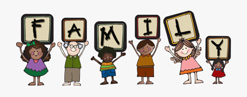 Six diverse children holding up letter signs spelling "FAMILY" in a cheerful illustration.