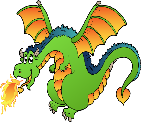 Friendly green dragon with orange wings breathing fire, cartoon style on black background.