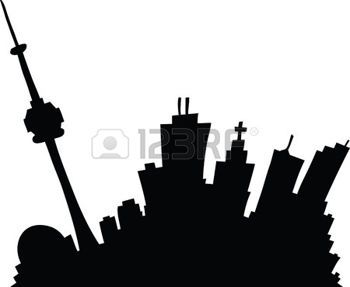 Silhouette of a modern city skyline featuring a tall observation tower and varied skyscrapers against a white background.