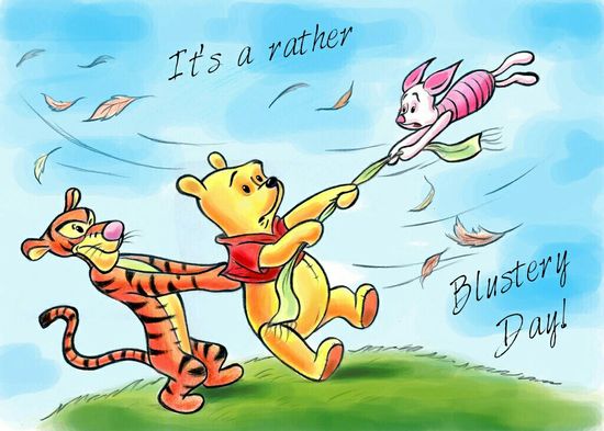 Winnie the Pooh, Tigger, and Piglet flying through blustery wind on a scarf, with leaves swirling around them.