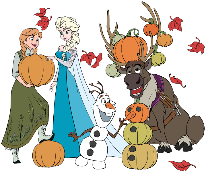 Anna, Elsa, Olaf, and Sven in autumn attire with pumpkins and falling leaves.