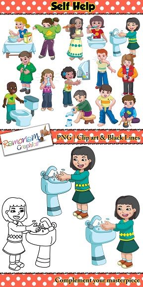 Diverse children washing hands and practicing hygiene in colorful clip art illustrations with black line versions.