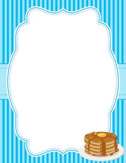 Blue striped background with white ornate frame and stack of pancakes on a plate in bottom right corner.