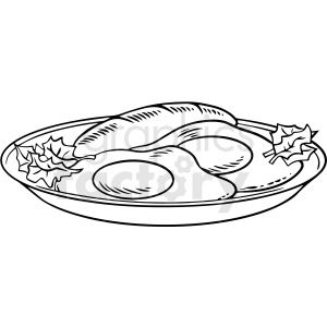Black-and-white line drawing of a plate with fried eggs, sausage links, and leafy garnish.
