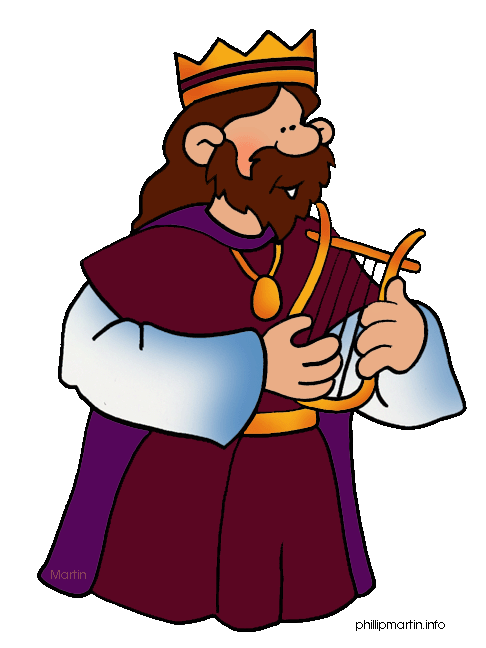 Cartoon king with crown and harp, wearing purple robe and gold necklace.