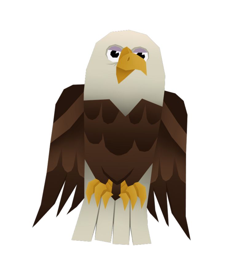 Stylized cartoon bald eagle with white head, brown body, yellow beak and talons, facing forward.
