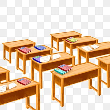 Wooden school desks arranged in rows with colorful books and papers on top, cartoon-style illustration.
