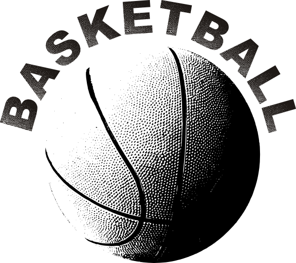 Black-and-white stylized basketball logo with arched "BASKETBALL" text above a halftone-rendered ball.