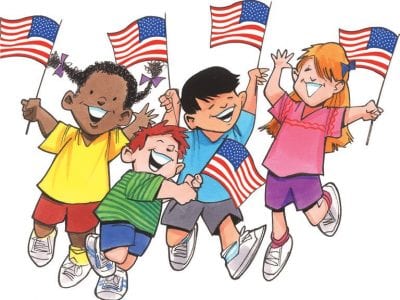 Four diverse children joyfully waving American flags while jumping together.