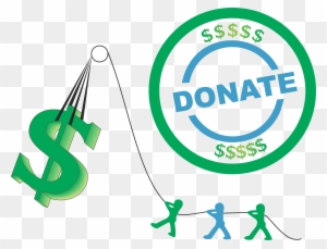 Three stick figures pulling ropes to lift a green dollar sign toward a circular "DONATE" stamp with dollar symbols.