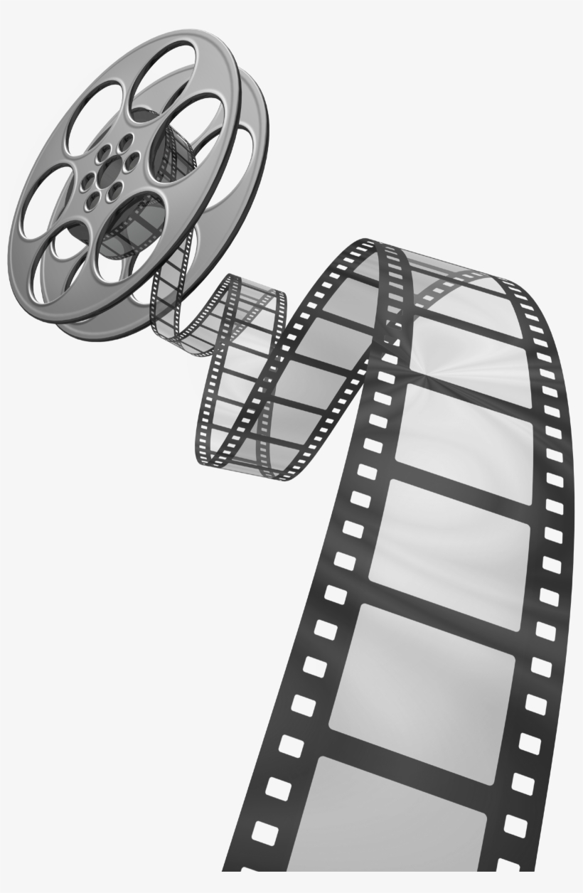 Silver film reel with unspooling 35mm film strip against white background.