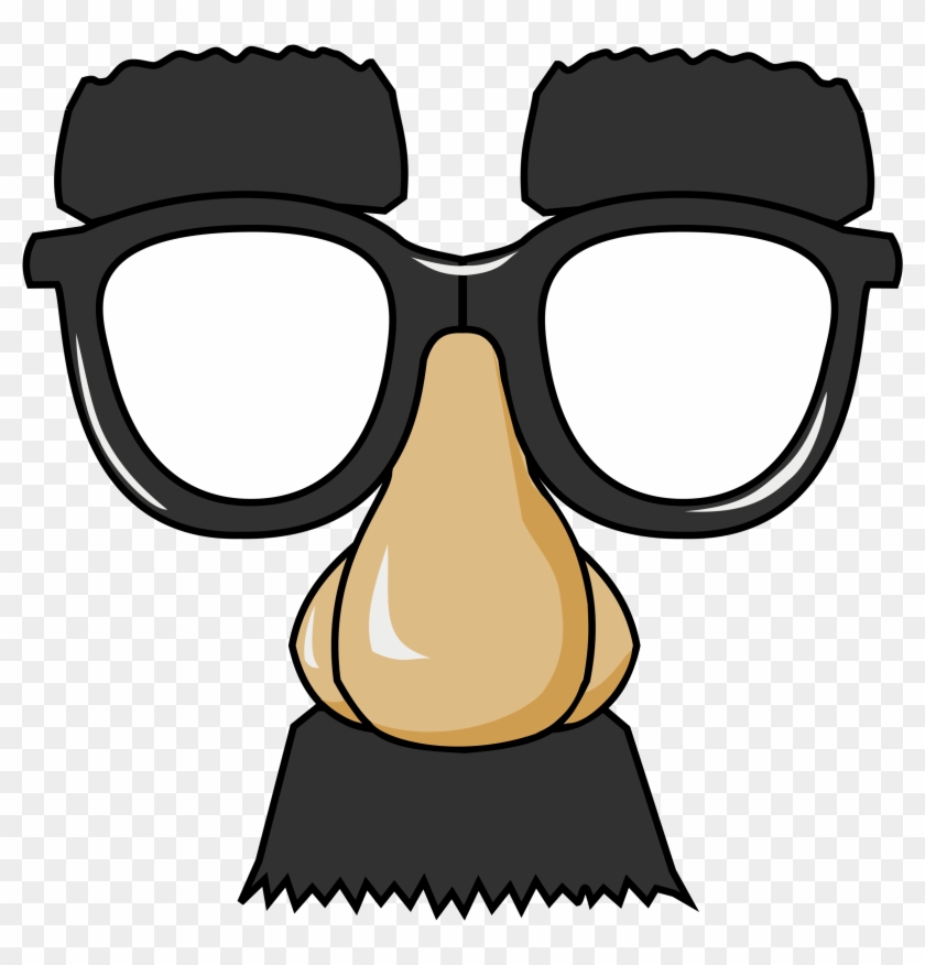 Cartoon disguise mask with black glasses, fake nose, and mustache on transparent background.