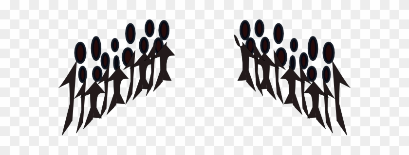 Two mirrored groups of stylized black figures with oval heads, arranged in dynamic arcs on a transparent background.