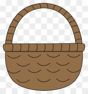 Brown woven wicker basket with arched handle and scalloped pattern on body.