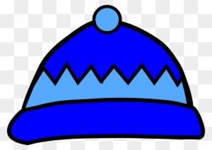 Blue knitted winter hat with light blue zigzag band and pom-pom on top.