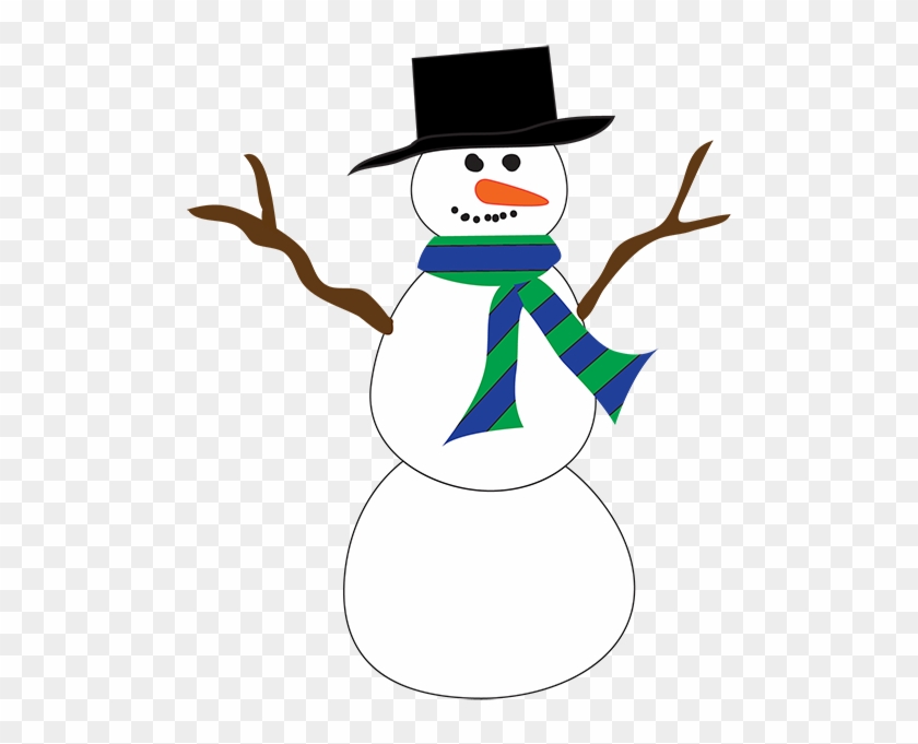 Cheerful snowman wearing a black top hat and green-blue striped scarf, with stick arms and carrot nose.
