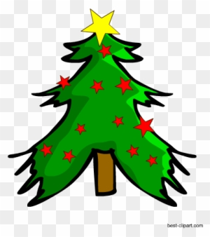 Green cartoon Christmas tree with red stars and a yellow star on top, on transparent background.