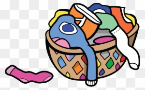 A colorful cartoon basket overflowing with mismatched socks and laundry items, one pink sock lying beside it.