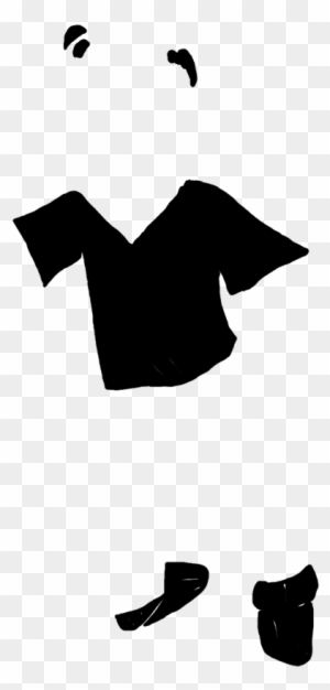 Black silhouette of a short-sleeve top, two shoes, and abstract shapes on transparent background.