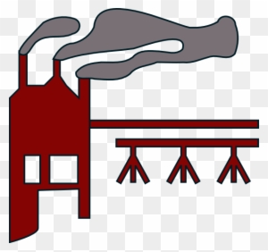Red industrial factory icon emitting gray smoke from two chimneys, with exhaust pipes below.