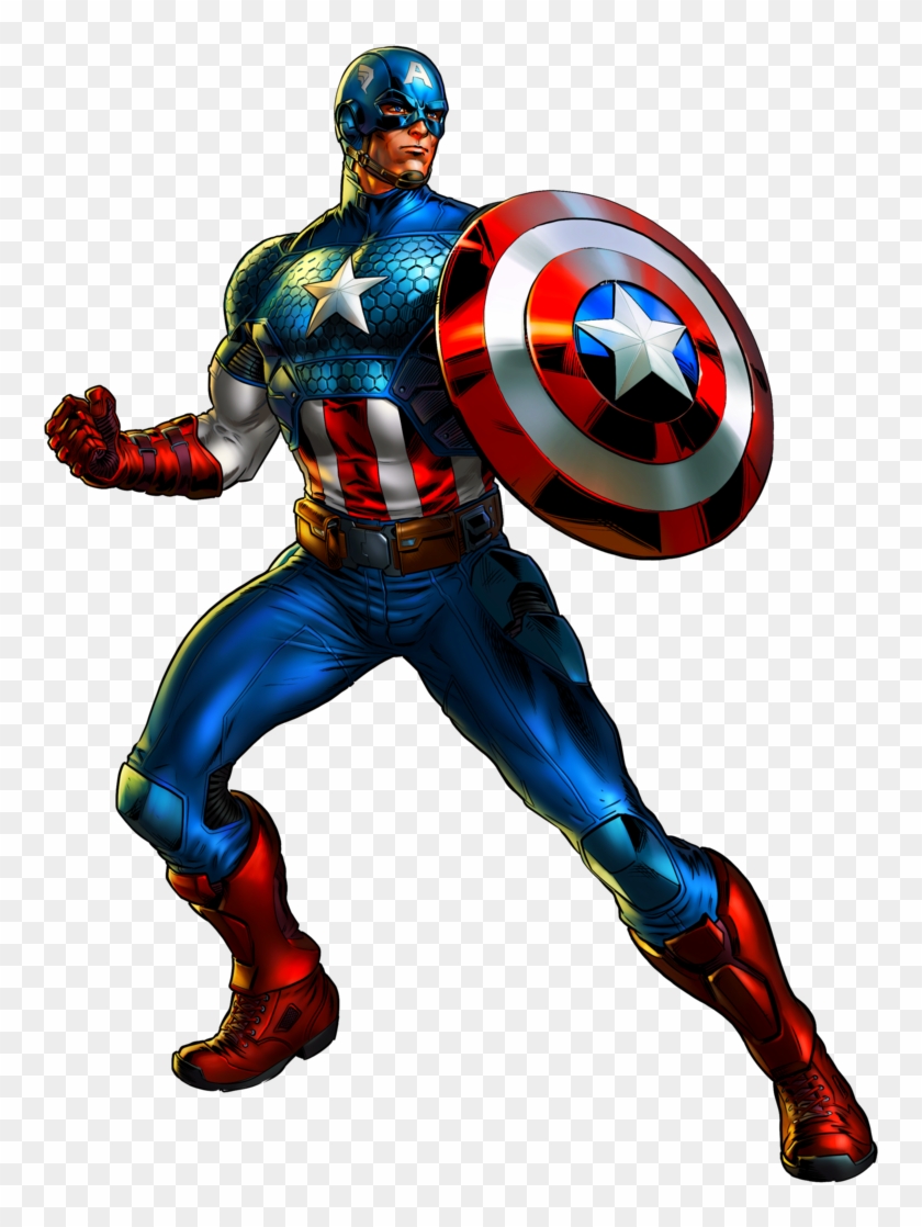 Captain America in classic suit, holding shield, ready for action.